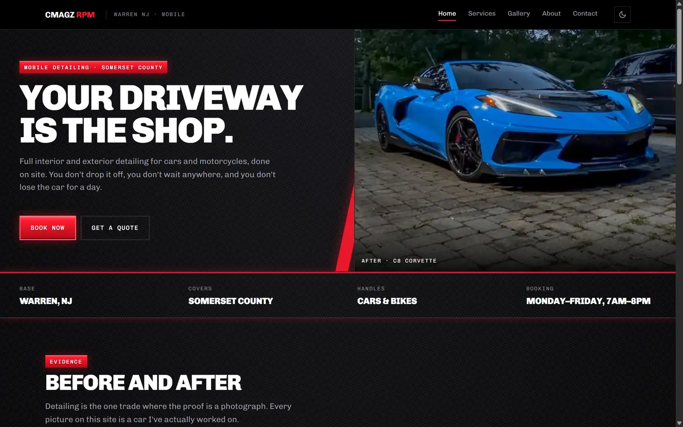 The Cmagz RPM Detailing homepage on a desktop: a blue Corvette after a full detail, beside the headline Your driveway is the shop