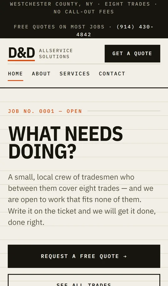 D&D AllService Solutions home page on a phone